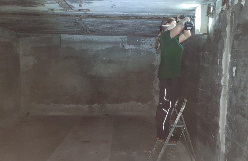 Rangerin bringt Fledermausstein im Bunker an